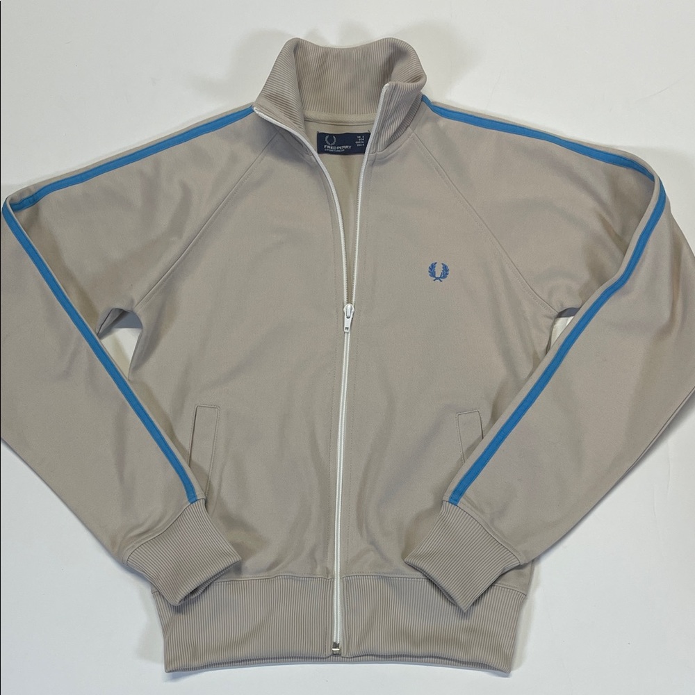 Fred Perry Track Jacket Beige Blue Stripe Zip Up Womens US 4 UK 8